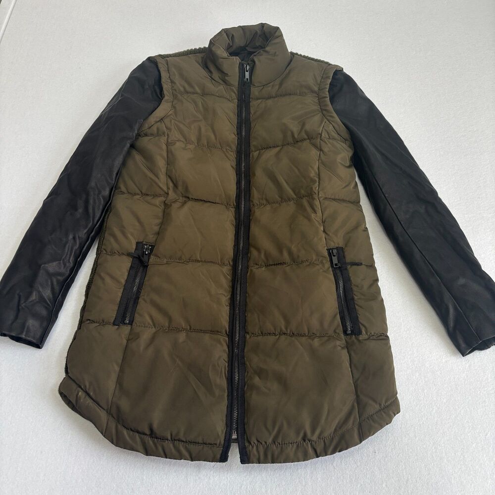 Zara Basic Puffer Coat Women's S Army Green Faux Leather Sweater Wool Full Zip